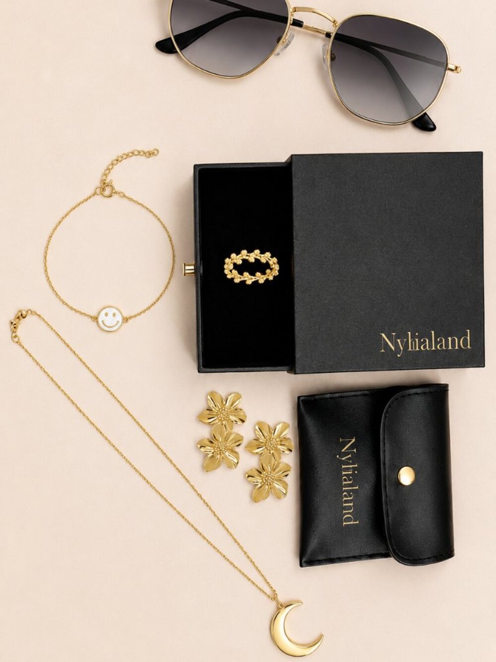 Nylialand Gold Moon Necklace, Smiley Bracelet, Star Ring & Flower Earring Set